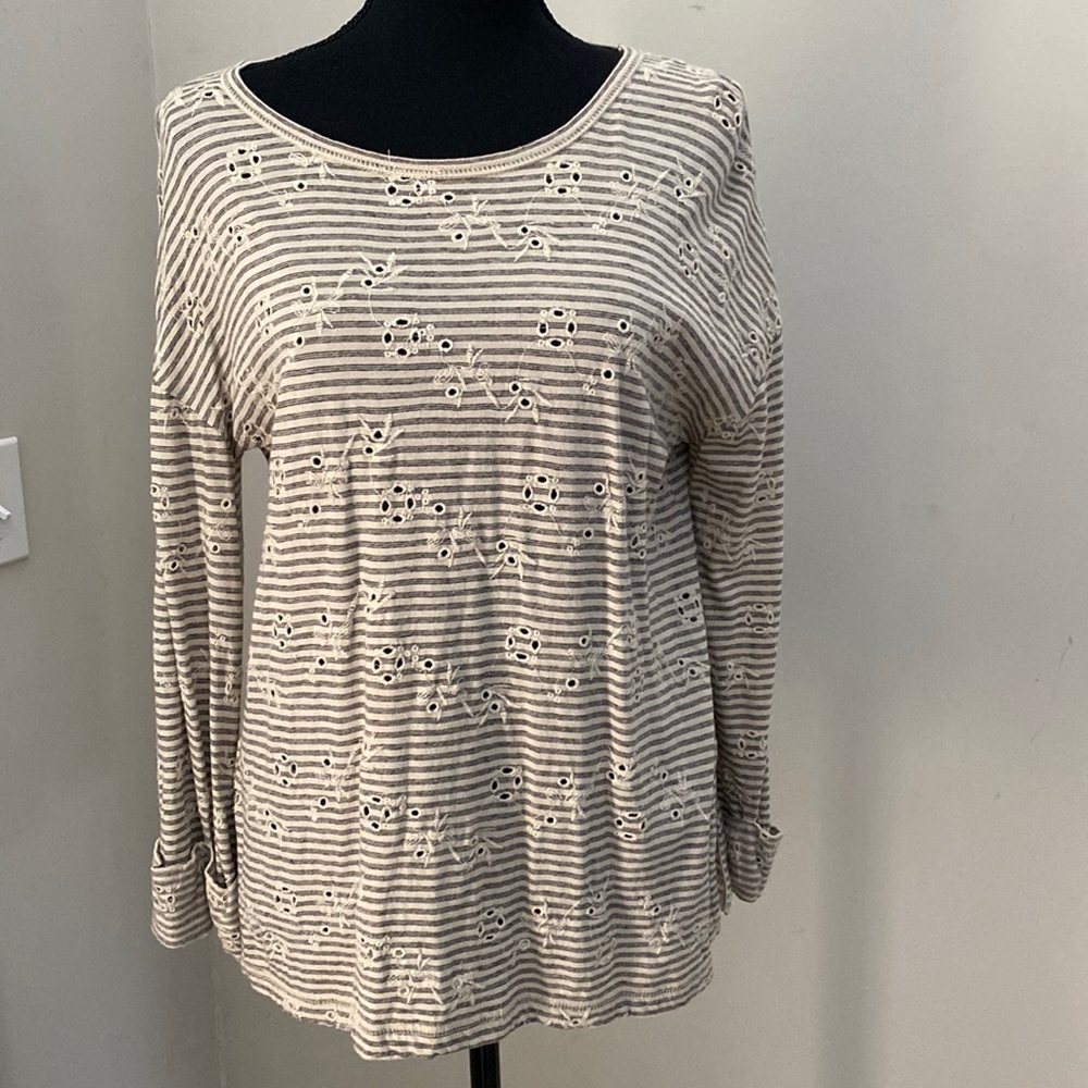 Lucky Brand Womens Beige Gray Striped Floral Eyelet Embroidered Top Small